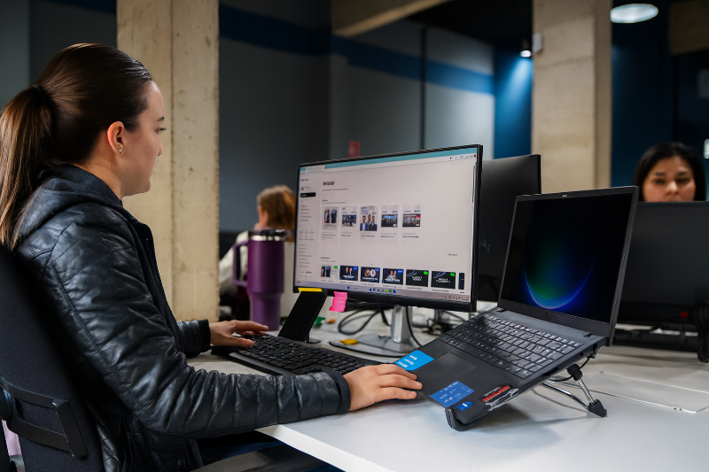 Sales team gathered around a laptop with AI interface on the screen in a modern office
