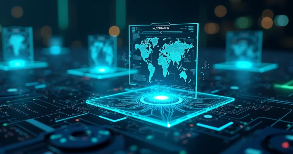 Interface digital com representações visuais de agentes de inteligência artificial realizando tarefas automáticas e comunicação entre sistemas