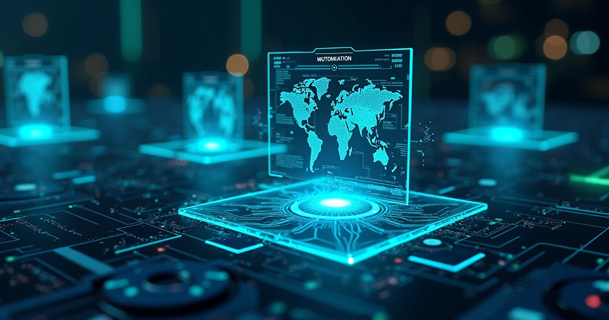 Interface digital com representações visuais de agentes de inteligência artificial realizando tarefas automáticas e comunicação entre sistemas