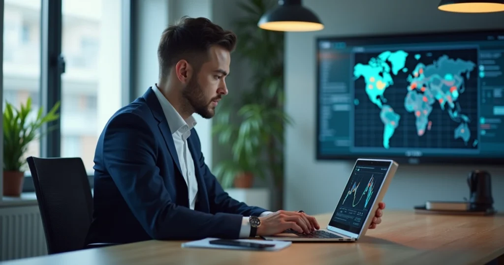 Sales development representative using AI assistant on laptop in modern office