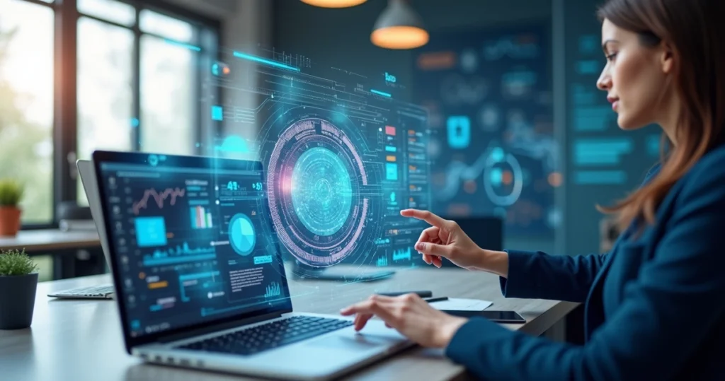 Businessperson analyzing data on a high-tech AI dashboard with graphs and charts