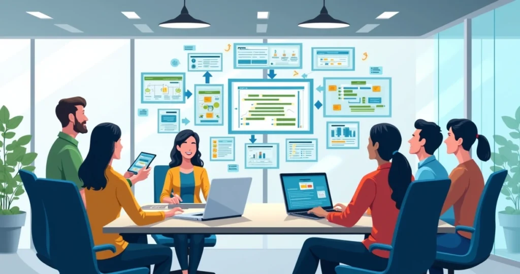 Equipe de trabalho colaborando em ambiente moderno com displays digitais mostrando fluxos de trabalho ágeis e informações centralizadas