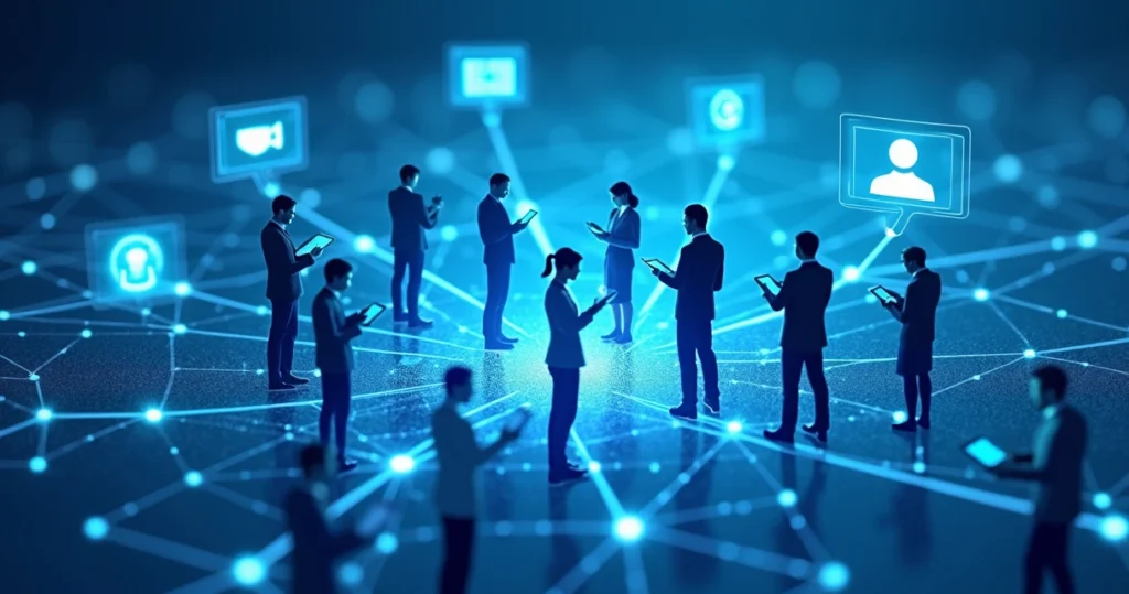 Grupo de profissionais conectados por linhas digitais em fundo azul tecnológico