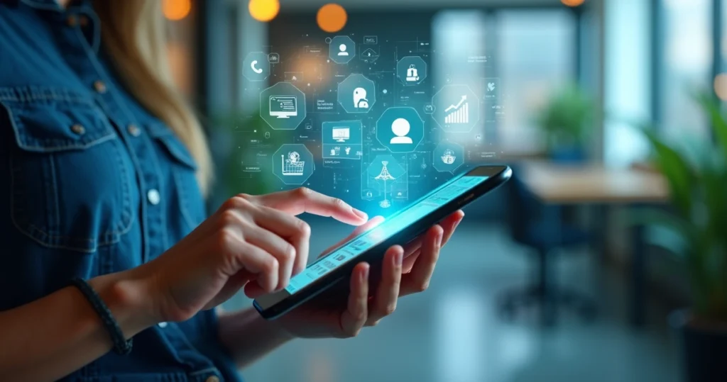 Pessoa usando smartphone com elementos digitais e ícones de personalização e inteligência artificial ao redor