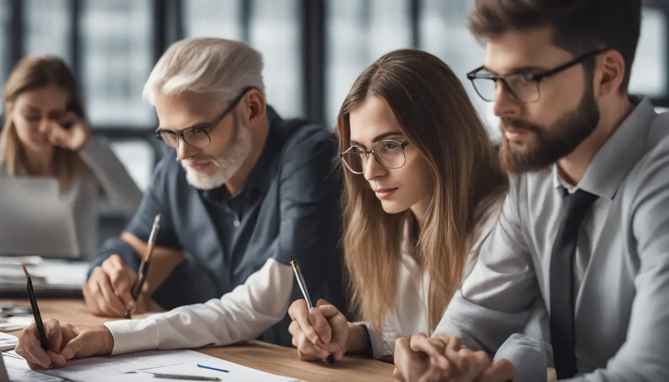 Imagem de uma sala de aula moderna com estudantes de diversas idades e etnias, utilizando laptops, e um professor engajado, representando a educação continuada como pilar da cultura de inovação.