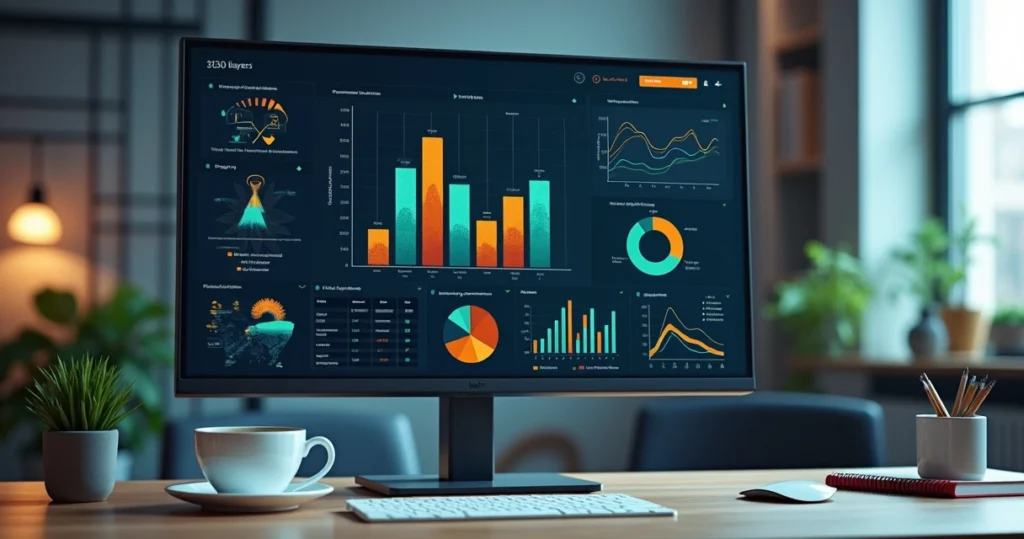 Tela de dashboard com gráficos coloridos, indicadores KPIs de desempenho e análise de resultados