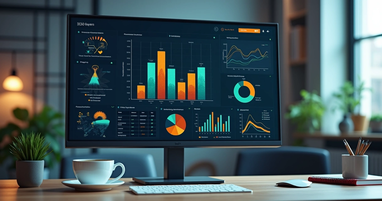 Tela de dashboard com gráficos coloridos, indicadores KPIs de desempenho e análise de resultados
