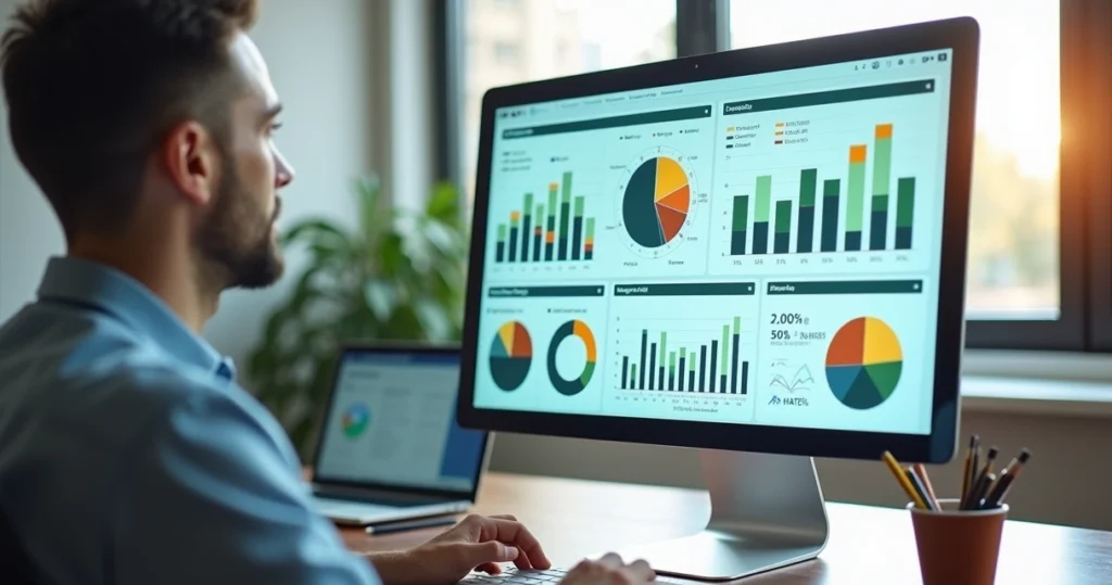 Tela digital com dashboard mostrando gráficos e métricas de KPIs para projetos inovadores