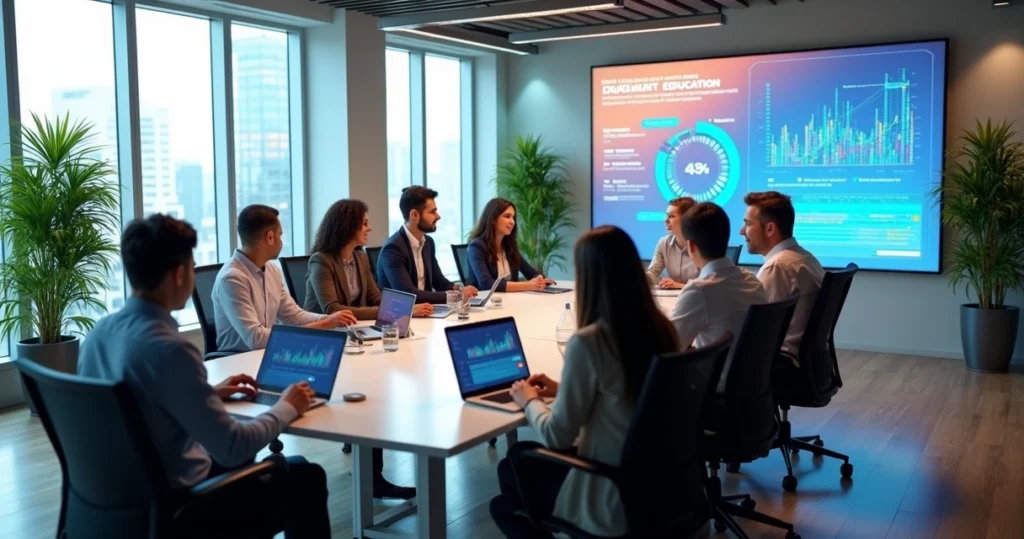Reunião corporativa com pessoas discutindo inovação e educação em sala moderna com telas digitais
