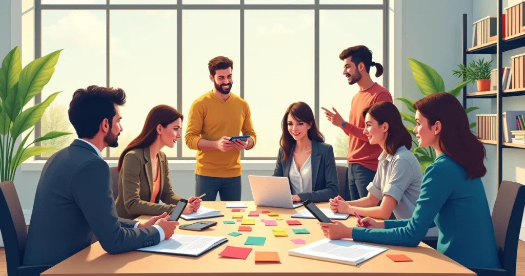 Equipe colaborando em projeto de inovação com post-its, notebooks e tablet em mesa de escritório moderna