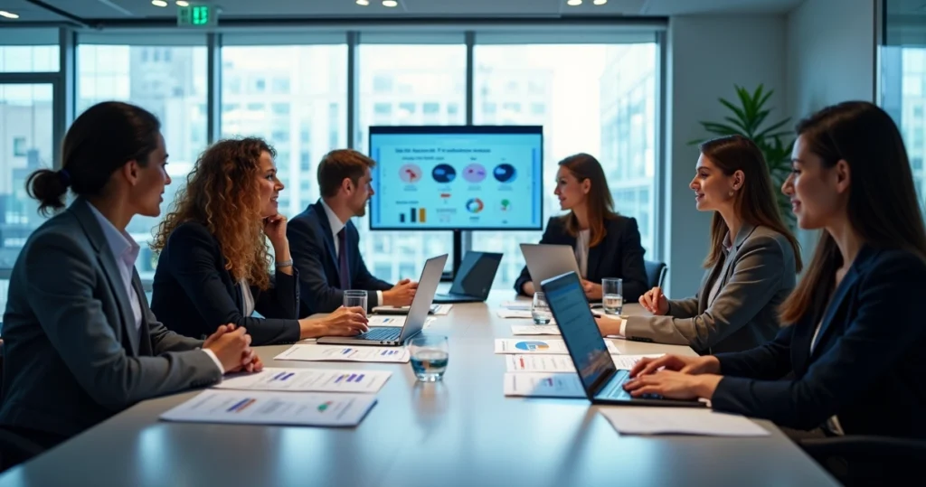 Equipe de vendas colaborando com laptops e tablets em mesa de reunião moderna, exibindo gráficos e documentos de playbook de vendas
