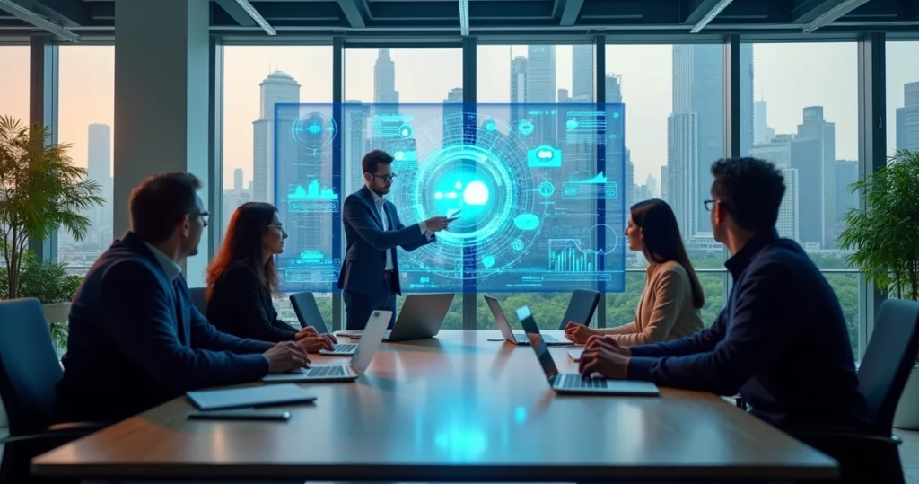 Equipe diversificada em escritório moderno discutindo inovação e inteligência artificial com gráficos digitais.