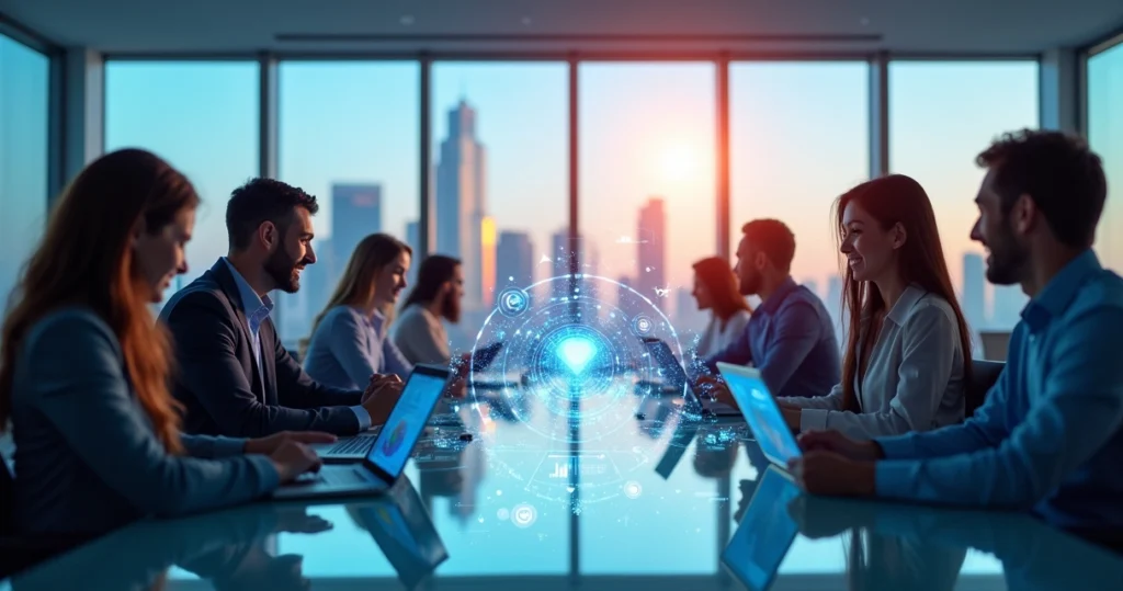 Escritório moderno com profissionais colaborando sobre tecnologia e gráficos, simbolizando inovação com IA.
