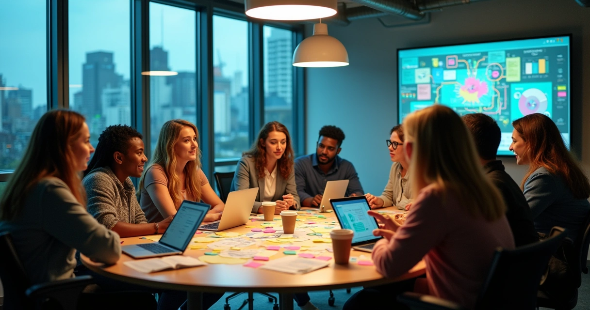 Espaço de trabalho colaborativo com funcionários diversos compartilhando ideias criativas.