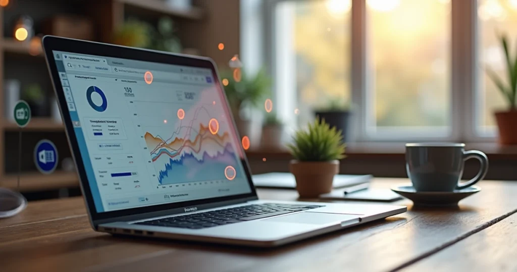 Computador com tela exibindo gráficos de tráfego pago e anúncios digitais com ícones de Google Ads e Facebook Ads
