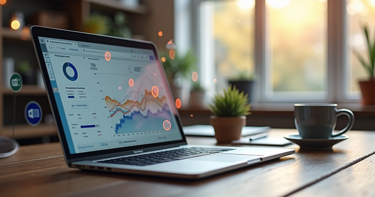 Computador com tela exibindo gráficos de tráfego pago e anúncios digitais com ícones de Google Ads e Facebook Ads