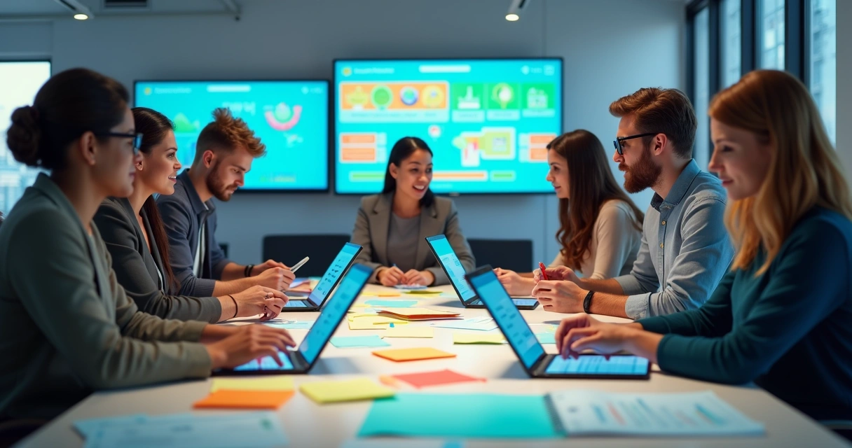 Equipe colaborando com gamificação em ambiente de escritório moderno