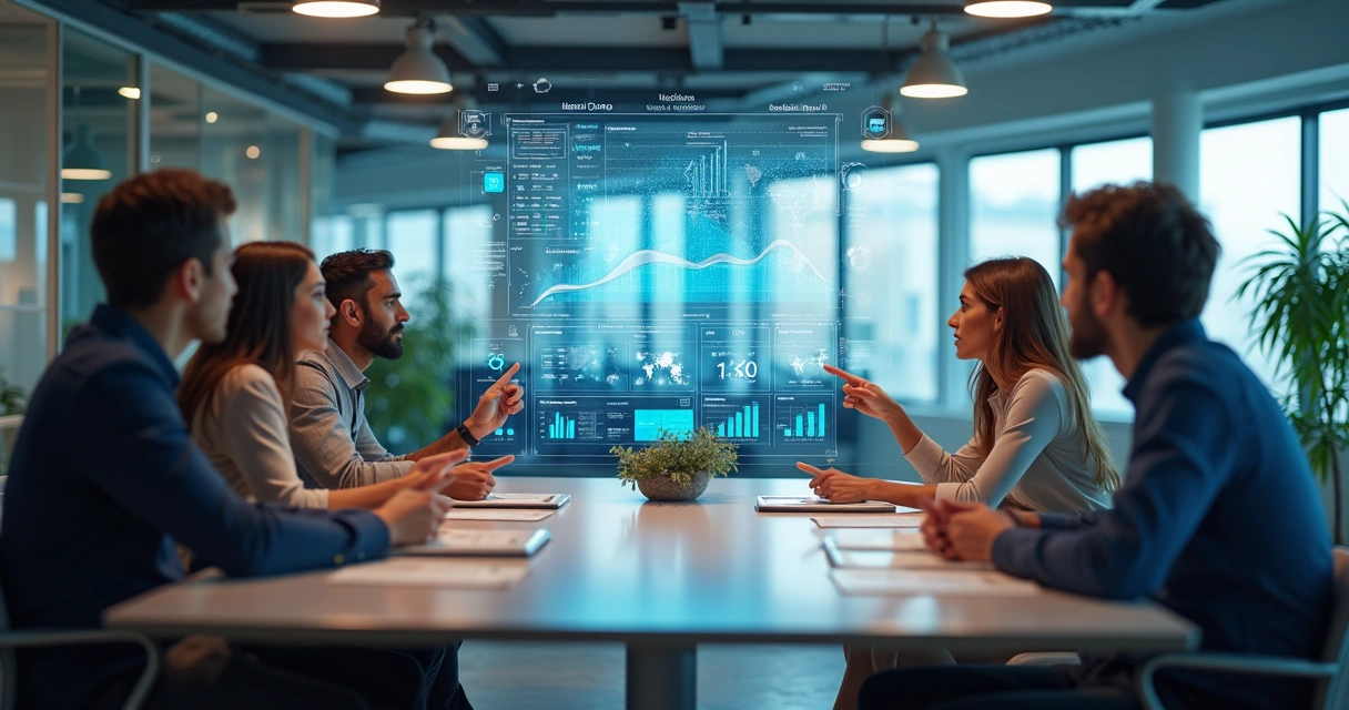 Equipe colaborando em reunião empresarial com telas digitais mostrando gráficos e dados de vendas e operações