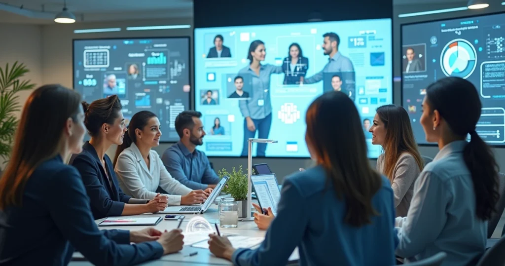 Equipe híbrida colaborando com inteligência artificial em ambiente de escritório moderno