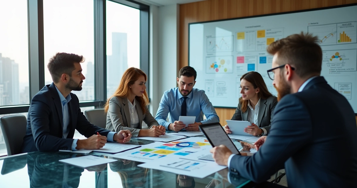 Sala de reunião moderna com equipe empresarial discutindo gráficos e estratégias de aprendizado corporativo