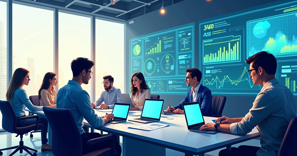 Equipe de profissionais em reunião usando tecnologia para gestão otimizada na empresa