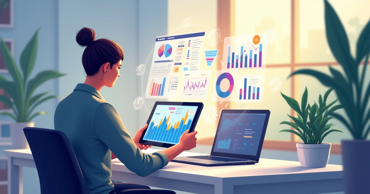 Pequeno empresário usando tablet com gráficos de inteligência artificial na tela em ambiente de escritório moderno