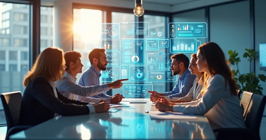 Equipe empresarial dinâmica em reunião com telas digitais exibindo gráficos de gestão e metodologias ágeis
