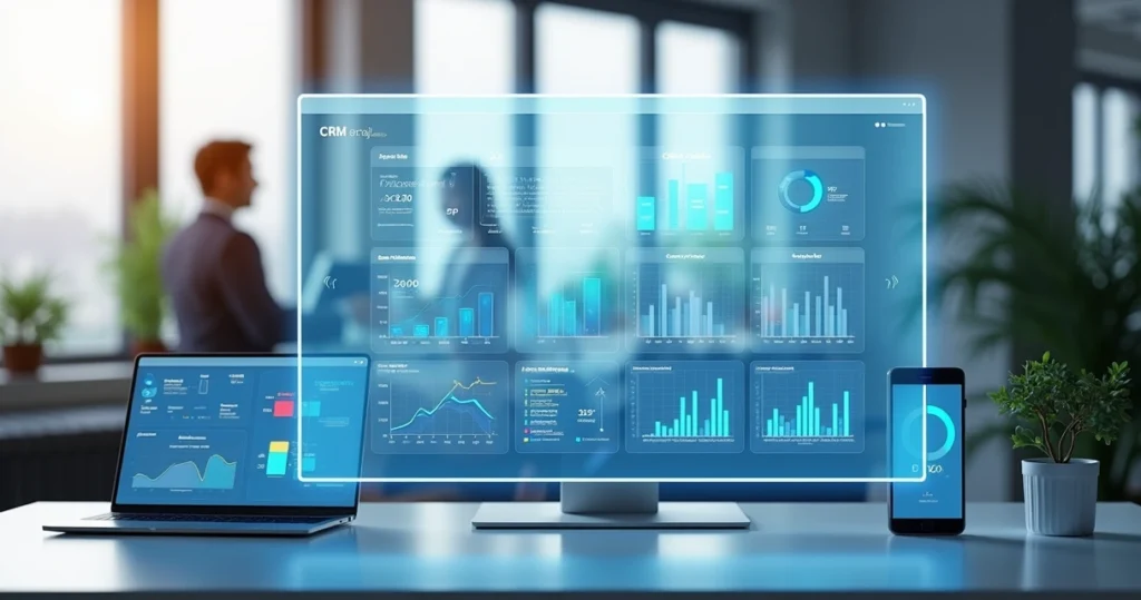 Tela digital com dashboard de CRM exibindo gráficos de vendas, contatos e progresso de equipe de vendas