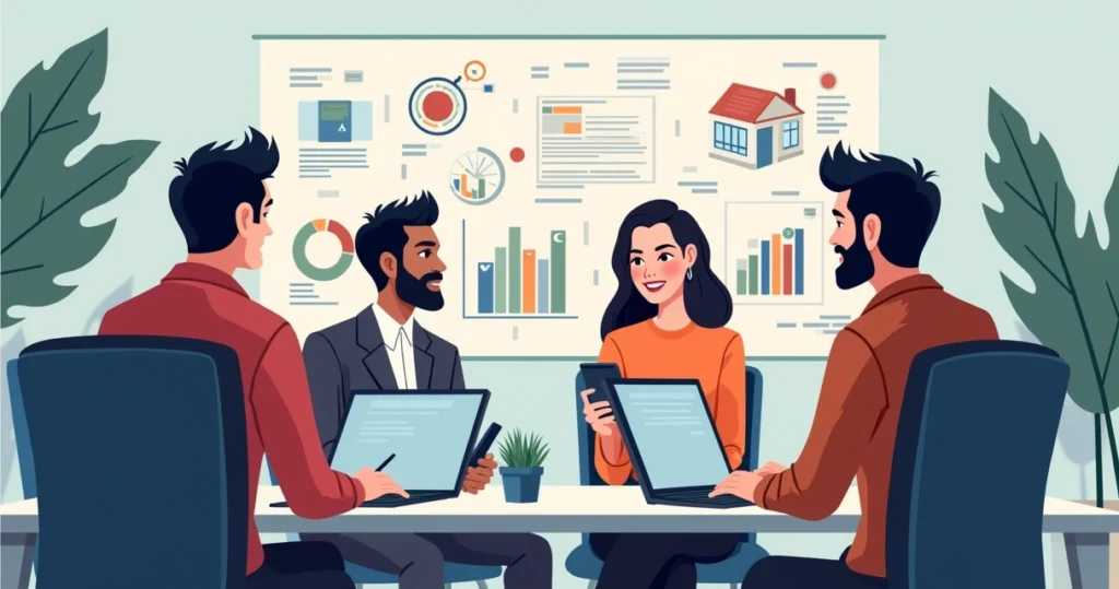 Gestor em reunião com equipe em ambiente de trabalho colaborativo, discutindo projetos com computadores e anotações ao redor