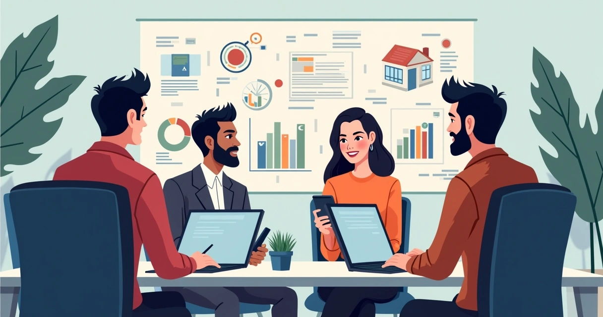 Gestor em reunião com equipe em ambiente de trabalho colaborativo, discutindo projetos com computadores e anotações ao redor