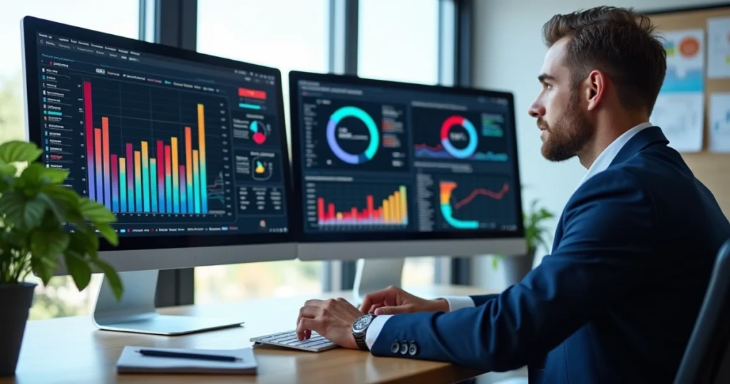 Gestor analisando gráficos de desempenho e métricas em uma tela de computador moderno