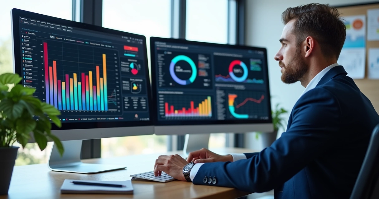 Gestor analisando gráficos de desempenho e métricas em uma tela de computador moderno