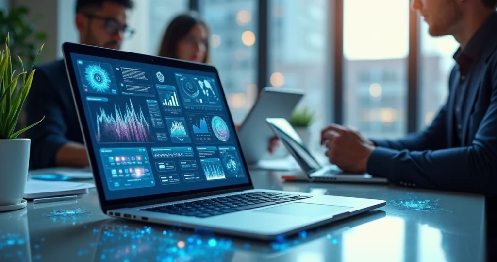 Mesa de escritório com laptop aberto mostrando dashboard de indicadores, gráficos e processos de inovação digital com pessoas colaborando ao redor