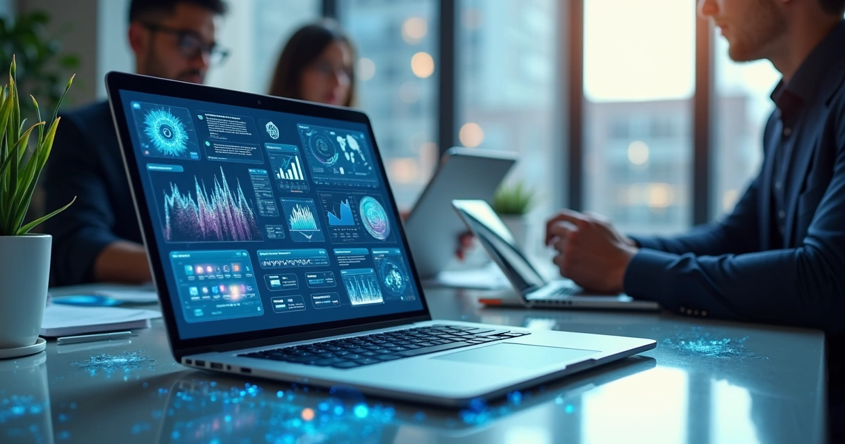 Mesa de escritório com laptop aberto mostrando dashboard de indicadores, gráficos e processos de inovação digital com pessoas colaborando ao redor