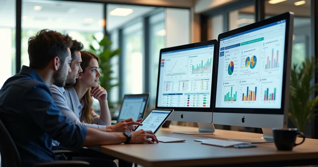 Profissionais de marketing e vendas colaborando diante de telas com gráficos e dados de CRM e automação