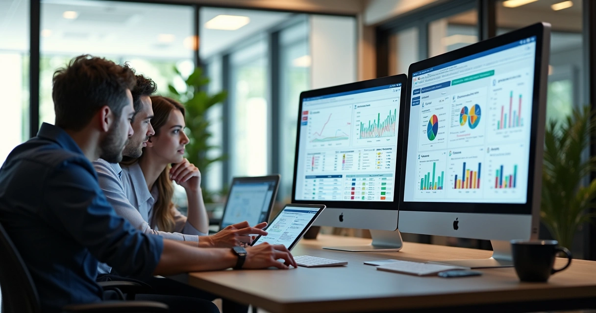 Profissionais de marketing e vendas colaborando diante de telas com gráficos e dados de CRM e automação