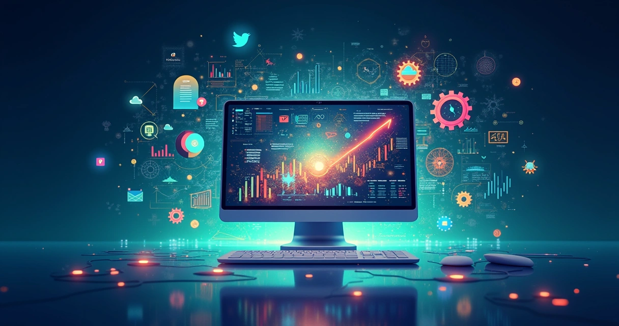 Ilustração colorida de uma tela de computador mostrando visualizações de dados e elementos de inteligência artificial.