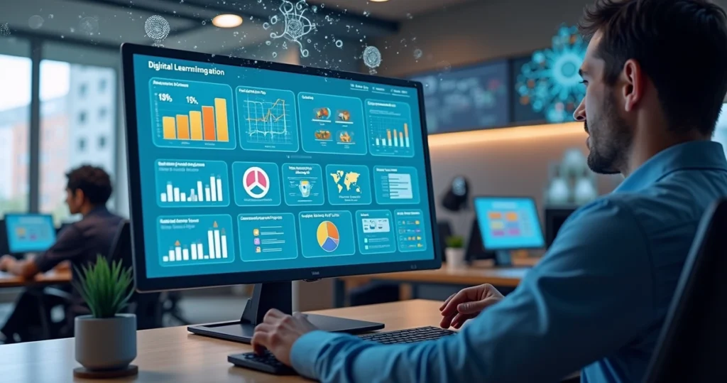 Interface digital com quizzes adaptativos e gráficos de desempenho em tela de computador moderno
