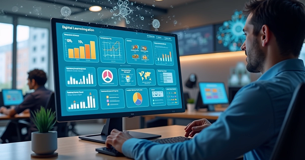 Interface digital com quizzes adaptativos e gráficos de desempenho em tela de computador moderno