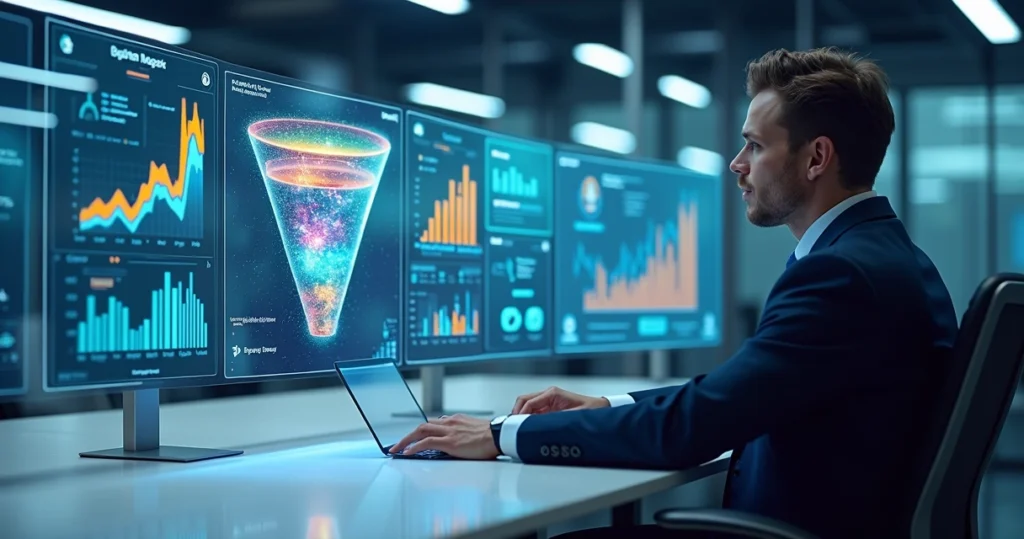 Profissional analisando dados digitais e gráficos de marketing com interface de inteligência artificial futurista