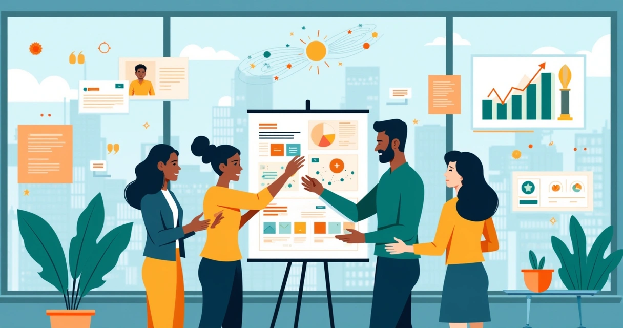 Profissionais colaboram em um escritório, focando na experiência do cliente com gráficos positivos e anotações.