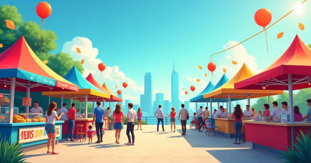 Mercado vibrante de franquias ao ar livre com empreendedores e clientes, simbolizando crescimento sustentável.