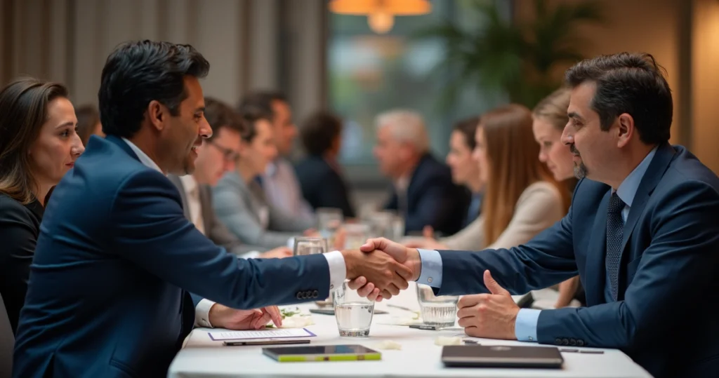 Profissionais em ambiente corporativo participando de uma reunião de networking com gestos de comunicação e troca de cartões