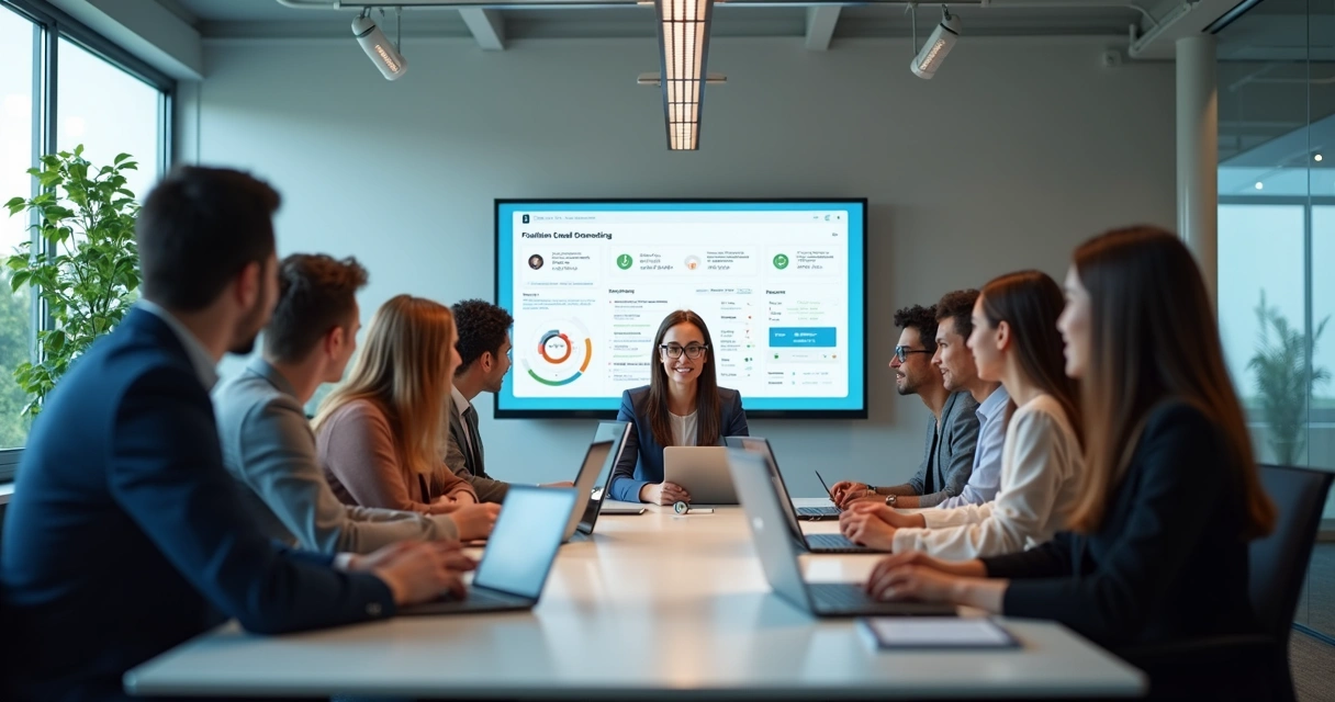 Colaboradores em ambiente corporativo usando laptops com assistente virtual de IA e gráficos de engajamento na tela
