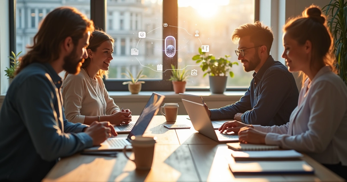 Pequenos empreendedores reunidos em ambiente moderno com laptops, gráficos de crescimento e elementos digitais ao fundo