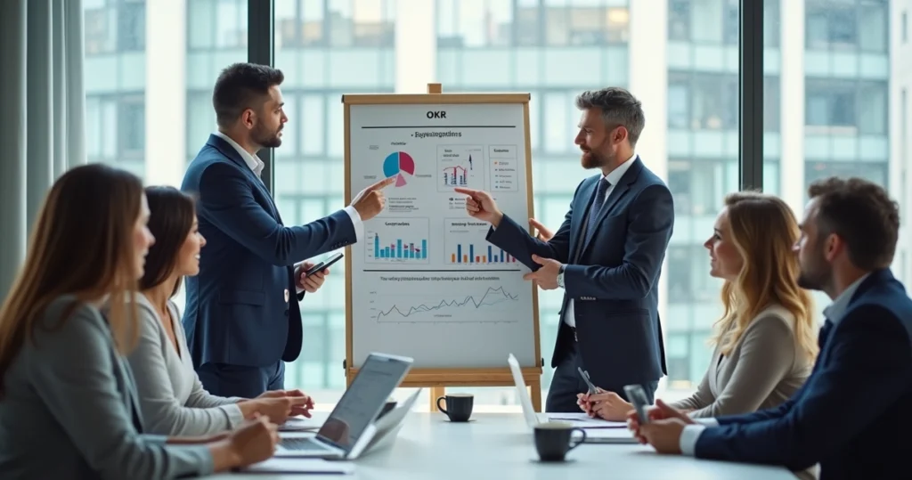 Equipe de negócios reunida em escritório moderno, discutindo planejamento de OKRs em quadro branco com gráficos e metas visíveis