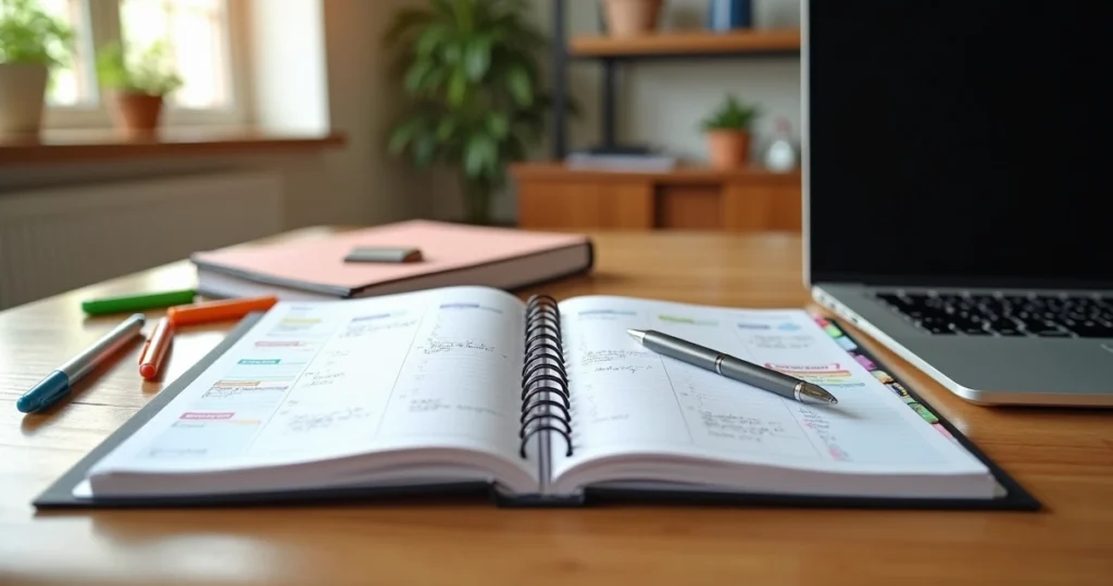 Planner aberto sobre mesa de escritório com caneta, marcadores coloridos e notebook ao lado, ambiente iluminado e organizado