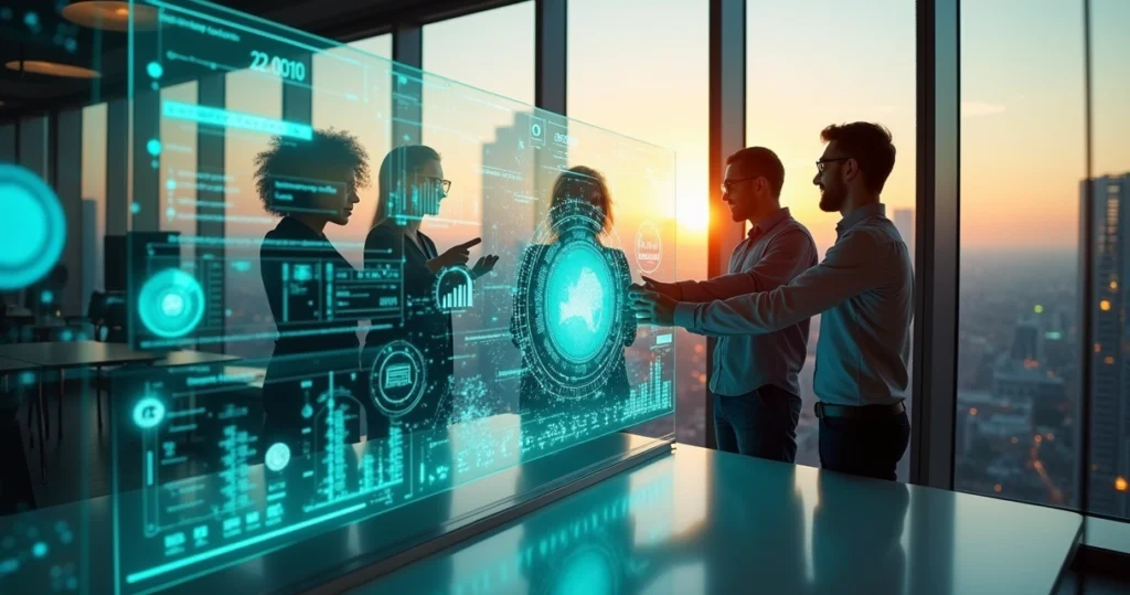Ambiente de escritório futurista com profissionais analisando gráficos de processos inteligentes.