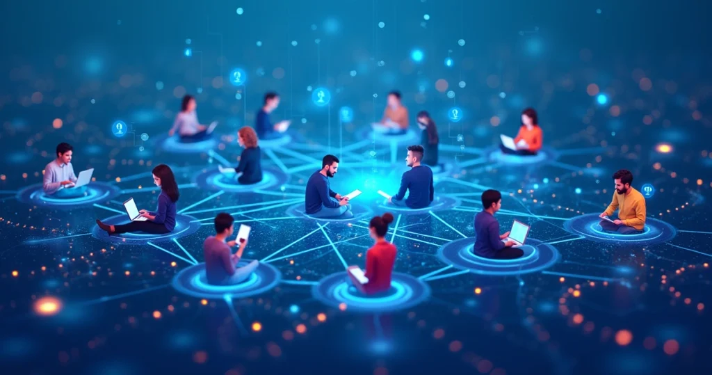 Pessoas conectadas digitalmente por linhas de rede em fundo azul com ícones tecnológicos e elementos gráficos de comunicação