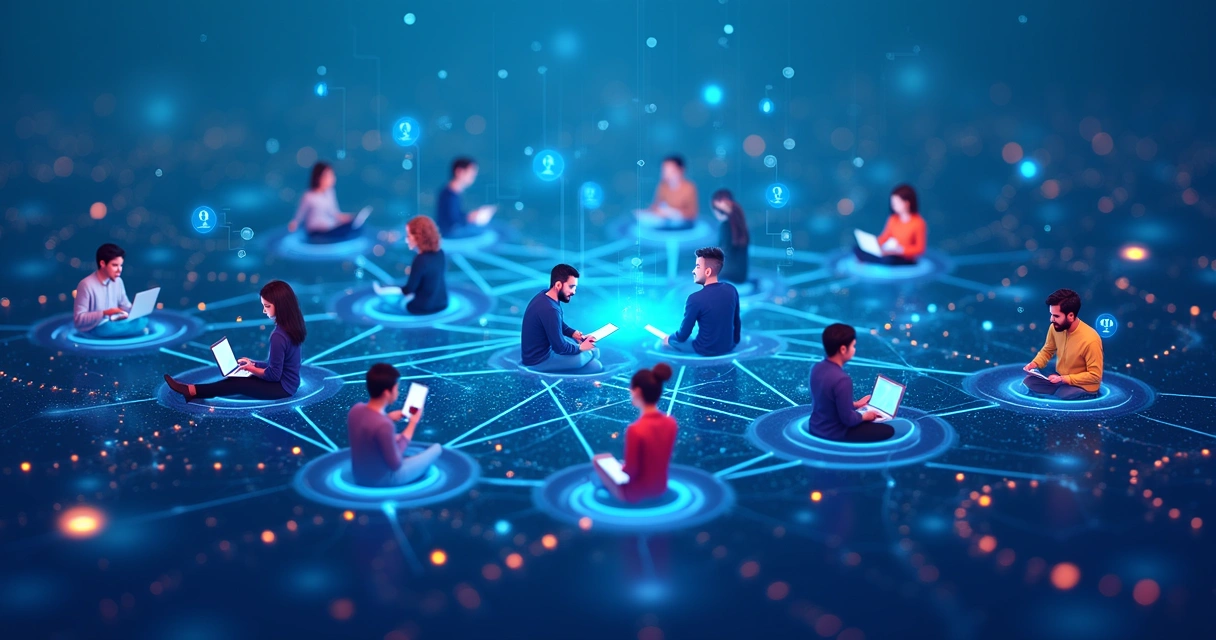 Pessoas conectadas digitalmente por linhas de rede em fundo azul com ícones tecnológicos e elementos gráficos de comunicação